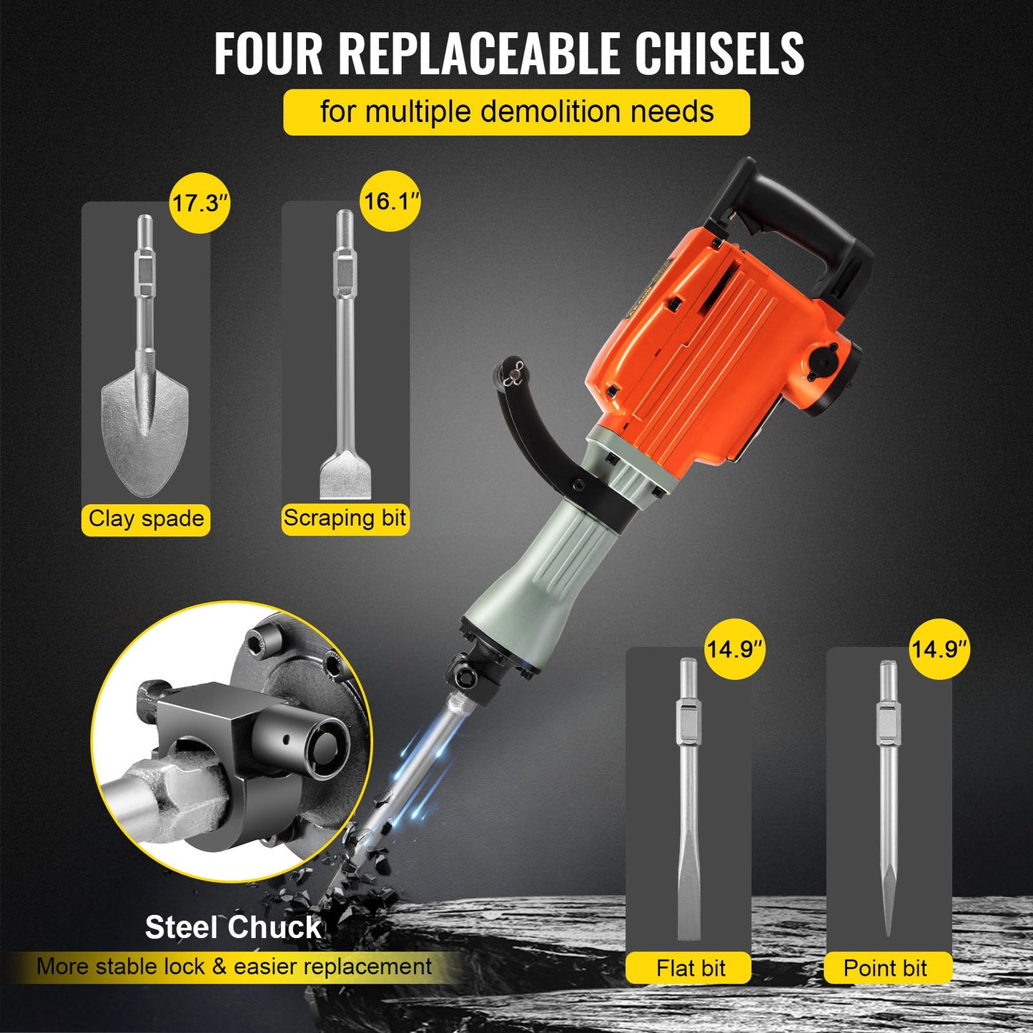 Demolition Jack Hammer 2200W Jack Hammer Concrete Breaker 1400 RPM Heavy Duty Electric Jack Hammer 4 Chisel Bit W/Gloves & 360°Swiveling Front Handle for Trenching, Chipping, Breaking Holes