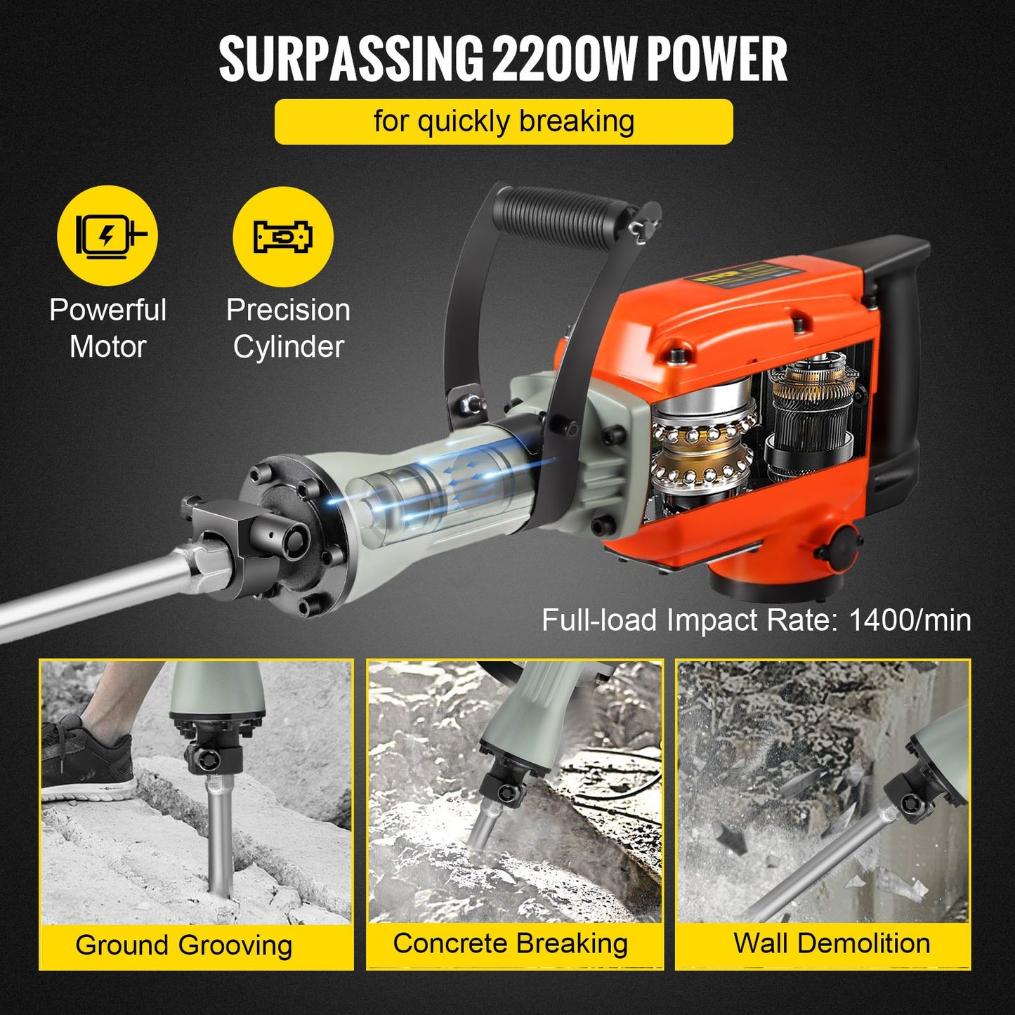 Demolition Jack Hammer 2200W Jack Hammer Concrete Breaker 1400 RPM Heavy Duty Electric Jack Hammer 4 Chisel Bit W/Gloves & 360°Swiveling Front Handle for Trenching, Chipping, Breaking Holes
