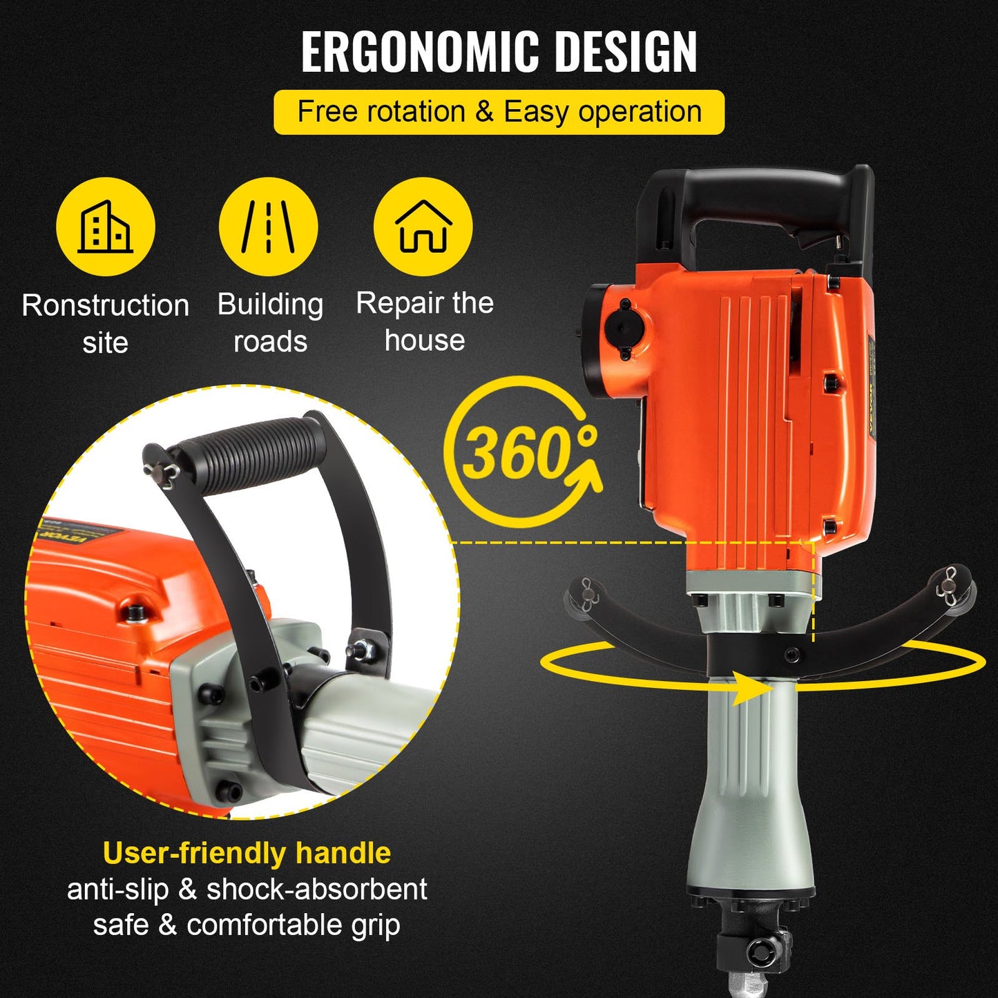 Demolition Jack Hammer 2200W Jack Hammer Concrete Breaker 1400 RPM Heavy Duty Electric Jack Hammer 4 Chisel Bit W/Gloves & 360°Swiveling Front Handle for Trenching, Chipping, Breaking Holes