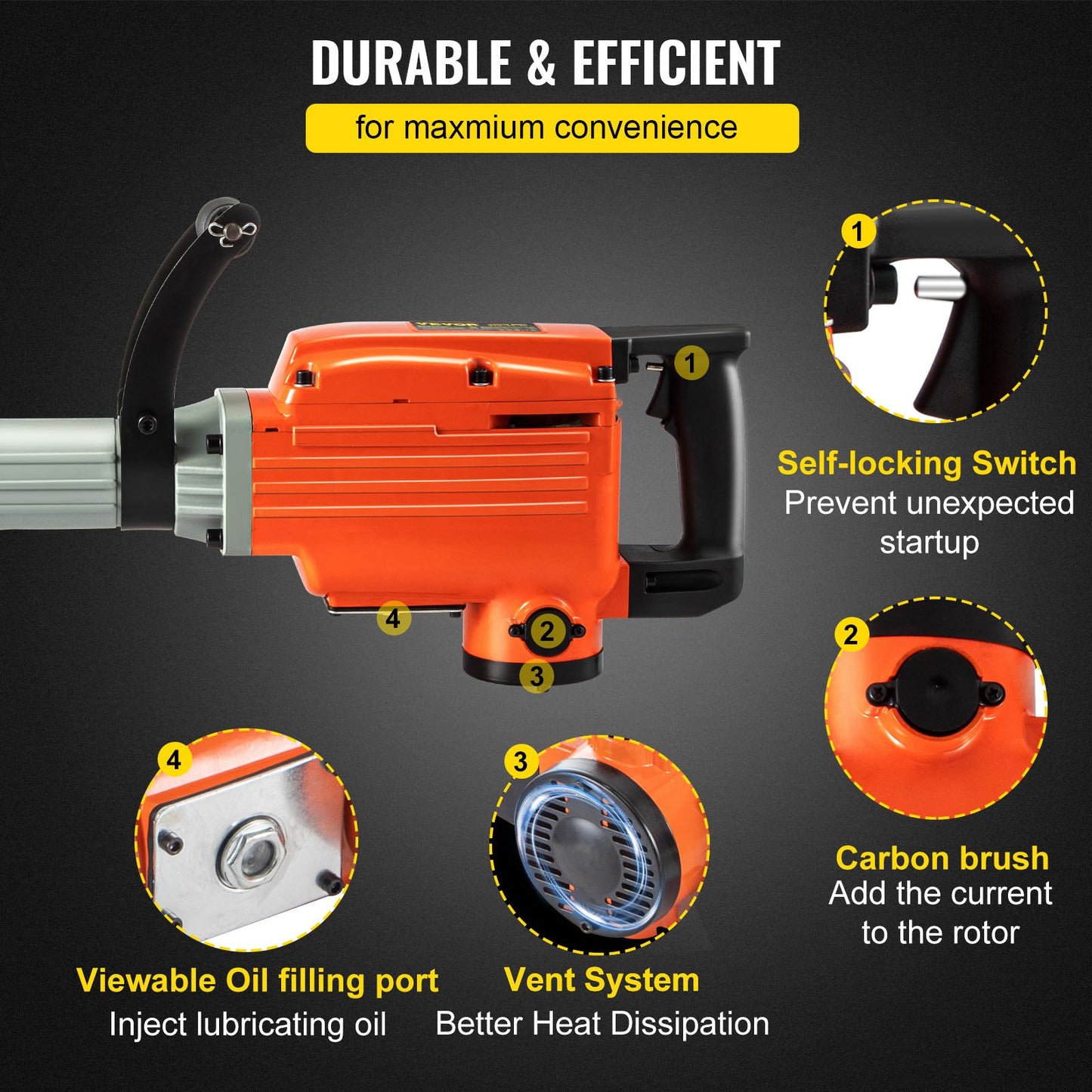 Demolition Jack Hammer 2200W Jack Hammer Concrete Breaker 1400 RPM Heavy Duty Electric Jack Hammer 4 Chisel Bit W/Gloves & 360°Swiveling Front Handle for Trenching, Chipping, Breaking Holes