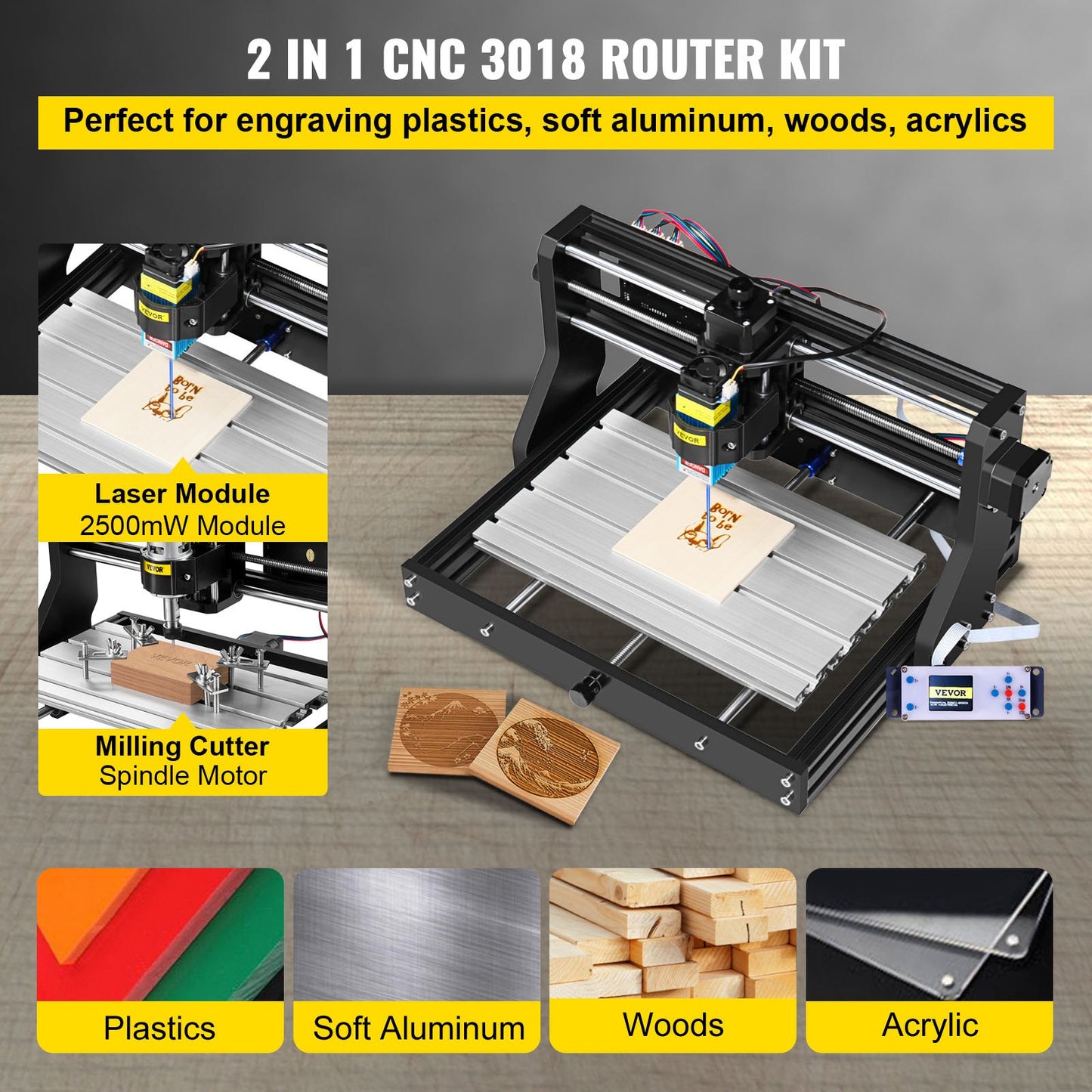 CNC 3018 Pro 2500MW 300×180×40mm Cnc Machine GRBL Control Mini Laser Engraver with Offline Controller 3 Axis Laser Engraving Machine for Carving Milling Plastic Acrylic PVC Wood