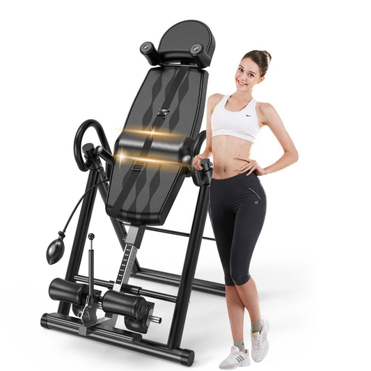 Black Premium Gravity Inversion Table Waist Inflatable Adjustment with Protective Belt Back Therapy Fitness Adjustable Height Inversion Table Foldable