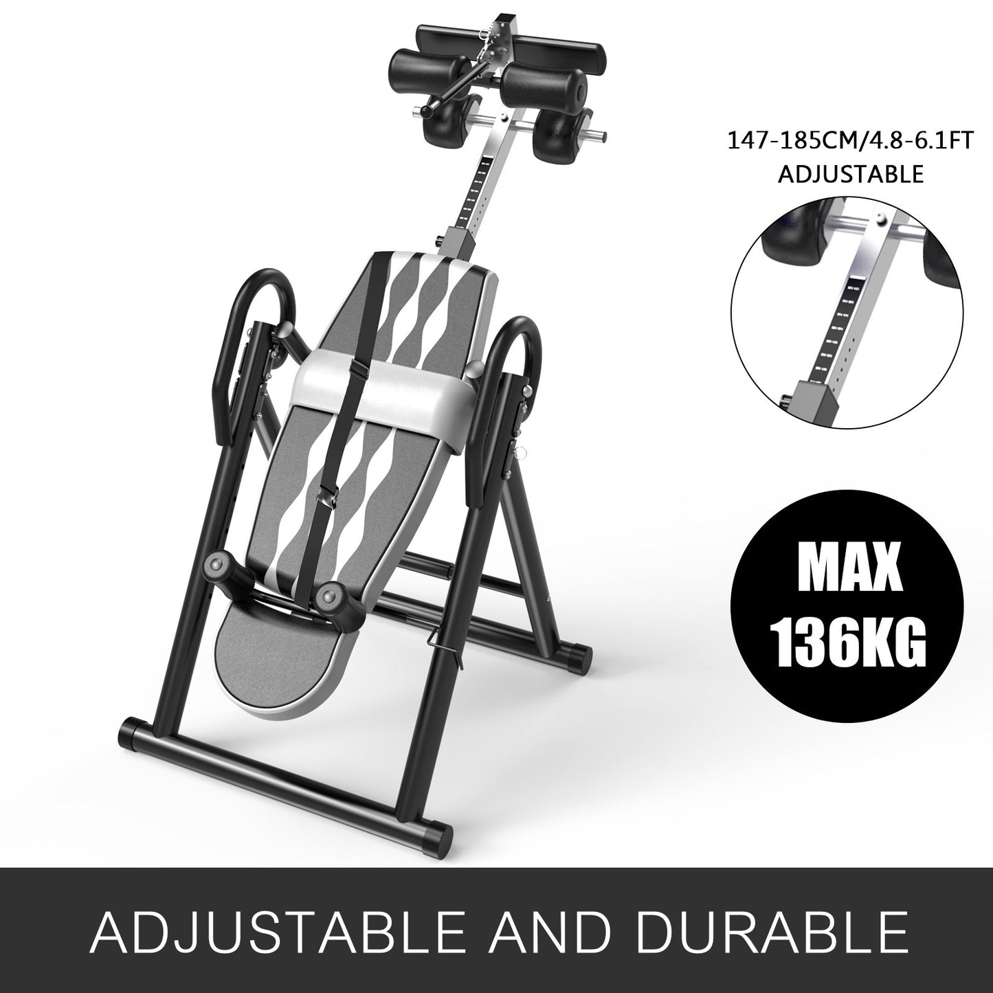 Grey Premium Gravity Inversion Table Waist Inflatable Adjustment with Protective Belt Back Therapy Fitness Adjustable Height Inversion Table Foldable