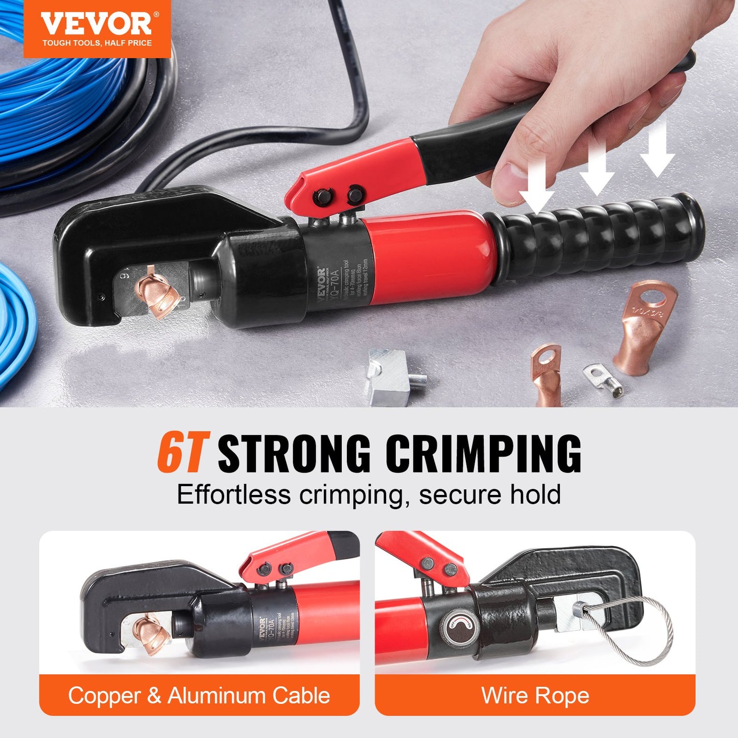 Crimping Tool, AWG12-2/0 Copper And Aluminum Terminal Battery Lug Hydraulic Crimper, with a Cutting Pliers, Gloves, 50pcs Copper Ring Connectors, 8 x Heat Shrink Sleeves and a Blow Moulded Case