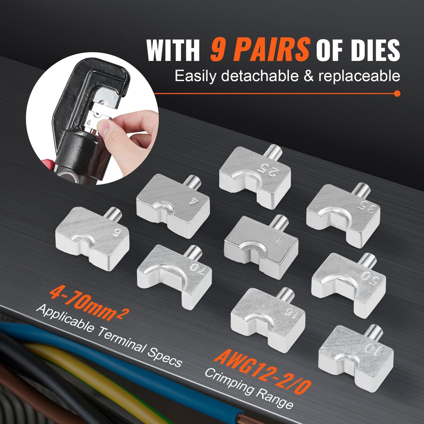 Crimping Tool, AWG12-2/0 Copper And Aluminum Terminal Battery Lug Hydraulic Crimper, with a Cutting Pliers, Gloves, 50pcs Copper Ring Connectors, 8 x Heat Shrink Sleeves and a Blow Moulded Case