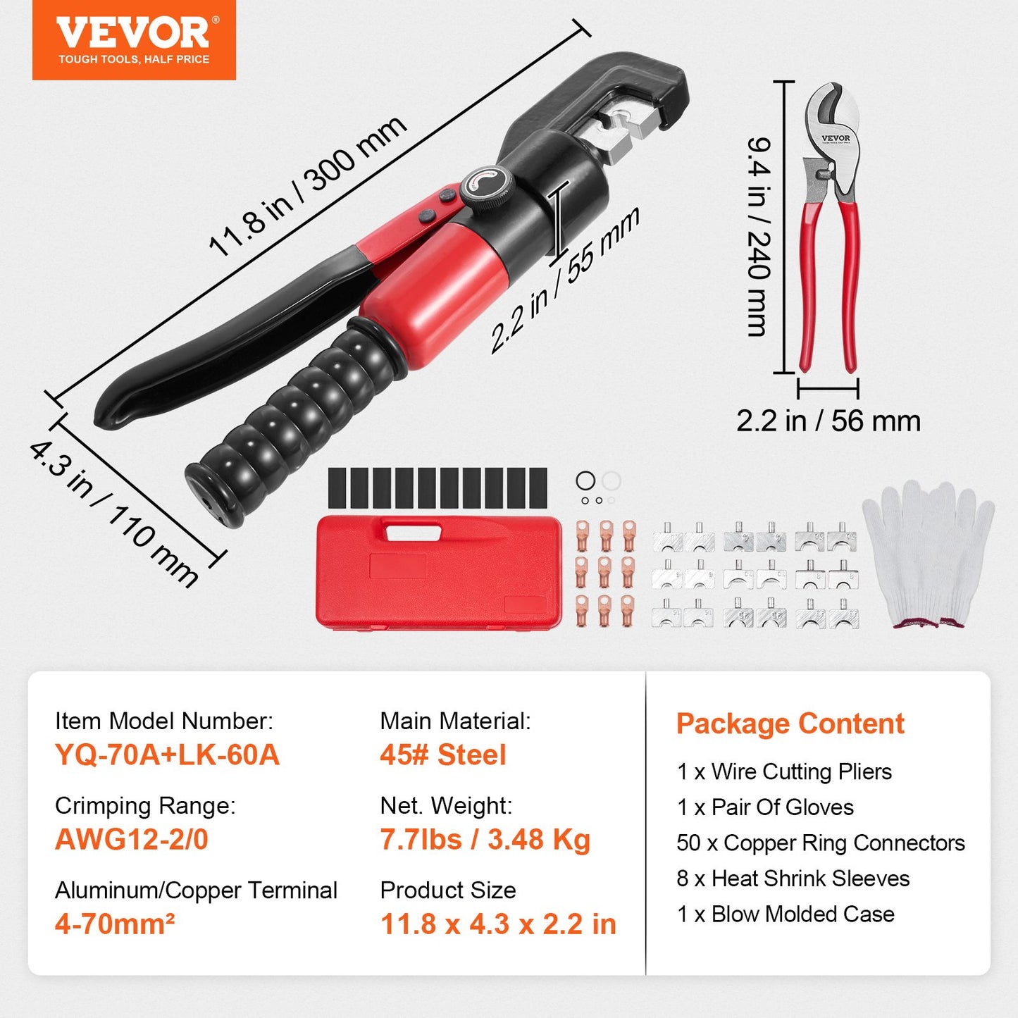 Crimping Tool, AWG12-2/0 Copper And Aluminum Terminal Battery Lug Hydraulic Crimper, with a Cutting Pliers, Gloves, 50pcs Copper Ring Connectors, 8 x Heat Shrink Sleeves and a Blow Moulded Case