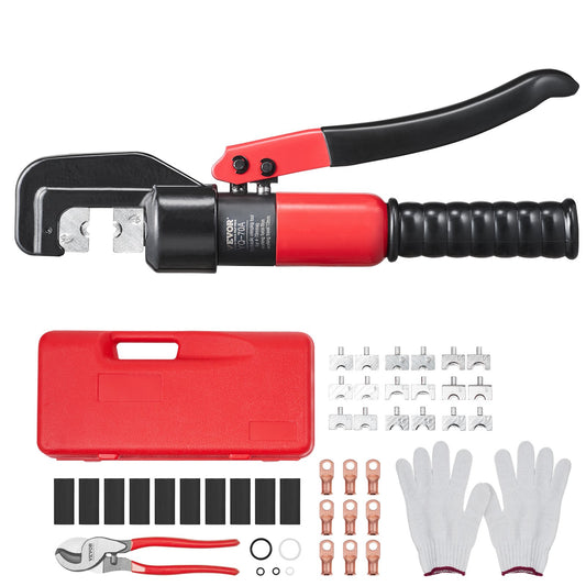 Crimping Tool, AWG12-2/0 Copper And Aluminum Terminal Battery Lug Hydraulic Crimper, with a Cutting Pliers, Gloves, 50pcs Copper Ring Connectors, 8 x Heat Shrink Sleeves and a Blow Moulded Case