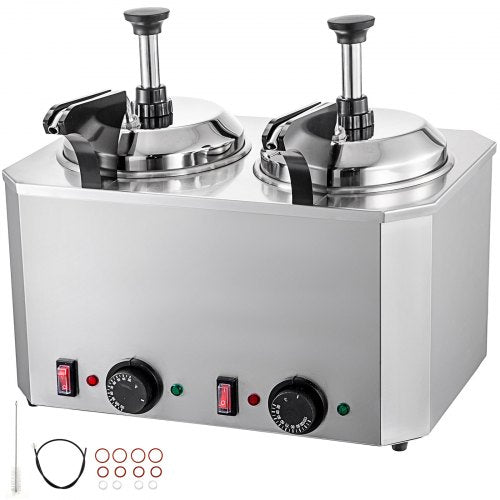Hot Cheese Pump Fudge Warmer 2 Pumps Stainless Steel Cheese Pump 30-110℃ Nacho Cheese Warmer with Heating Blocks Nacho Cheese Dispenser with Pump 10-30ML Per Time for Hot Fudge Cheese Caramel
