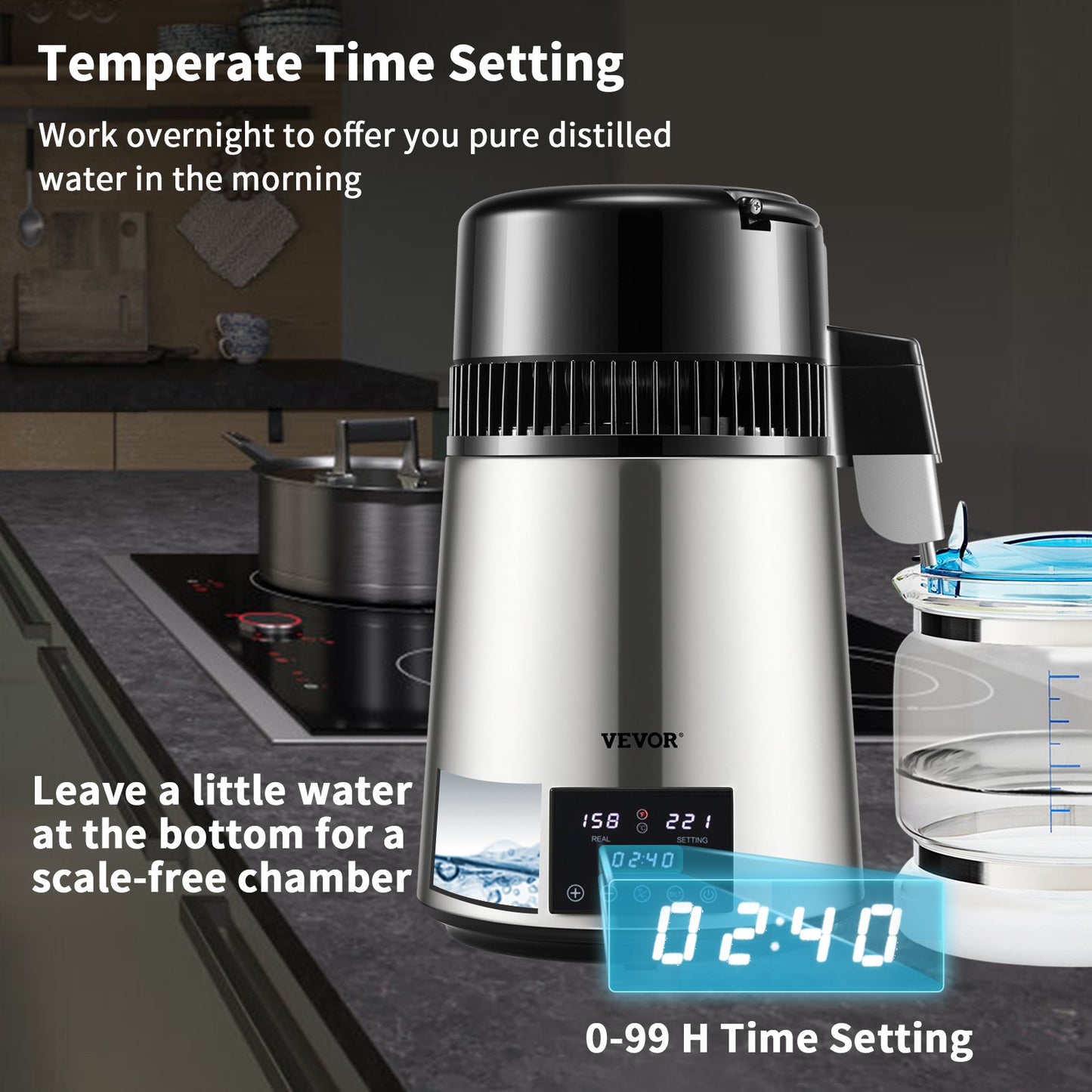 4L Water Distiller 1.5L/H Distilled Water Maker Timing Dual-Temp Silver