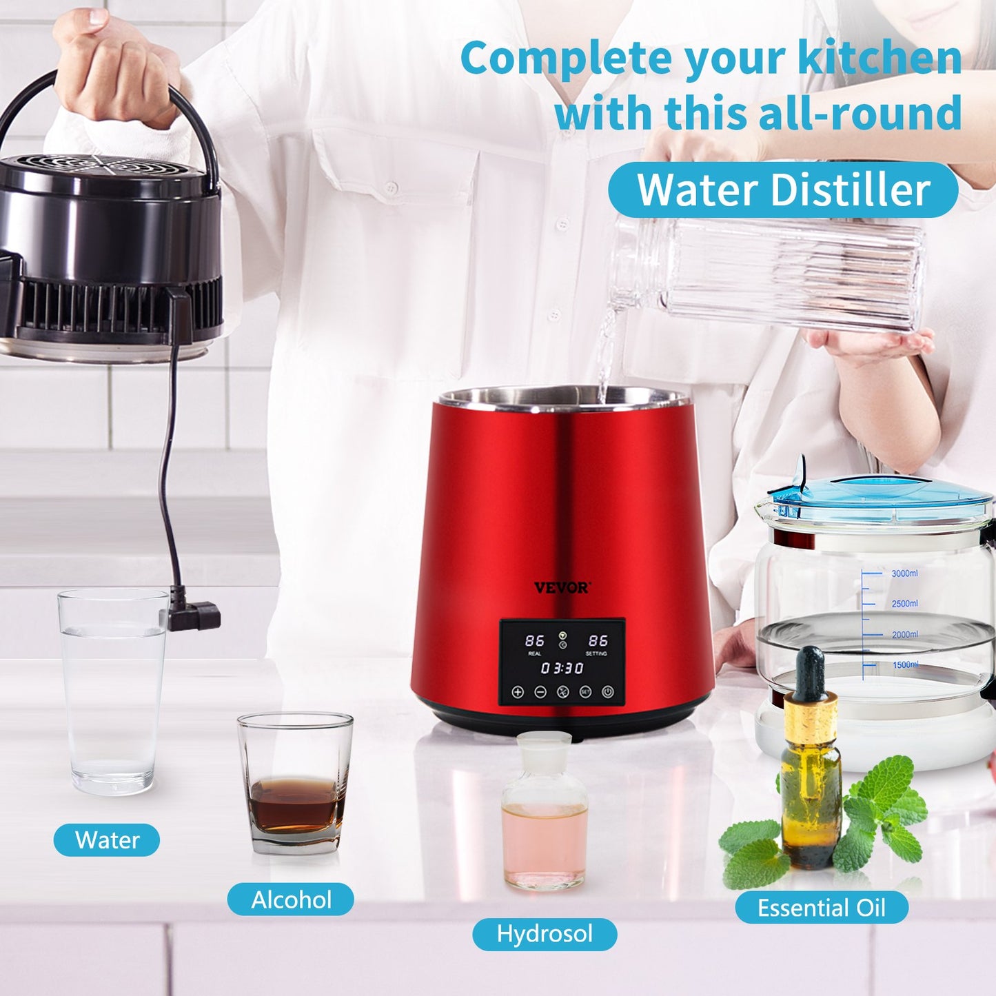 Water Distiller, 1 L/H, 4L Distilled Water Maker w/ 0-99 H Timing, 750W Countertop Water Purifier w/ Dual Temp Display, Glass Carafe Cleaning Powder 3 Carbon Packs Equipped, FDA Approved, Red
