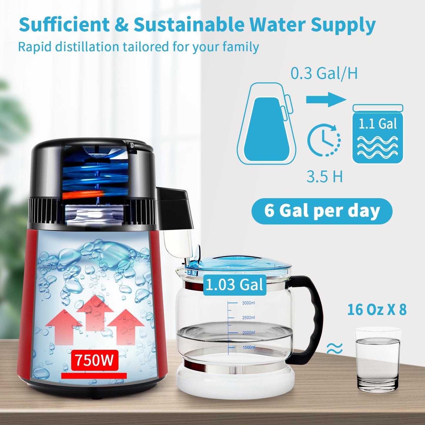 Water Distiller, 1 L/H, 4L Distilled Water Maker w/ 0-99 H Timing, 750W Countertop Water Purifier w/ Dual Temp Display, Glass Carafe Cleaning Powder 3 Carbon Packs Equipped, FDA Approved, Red
