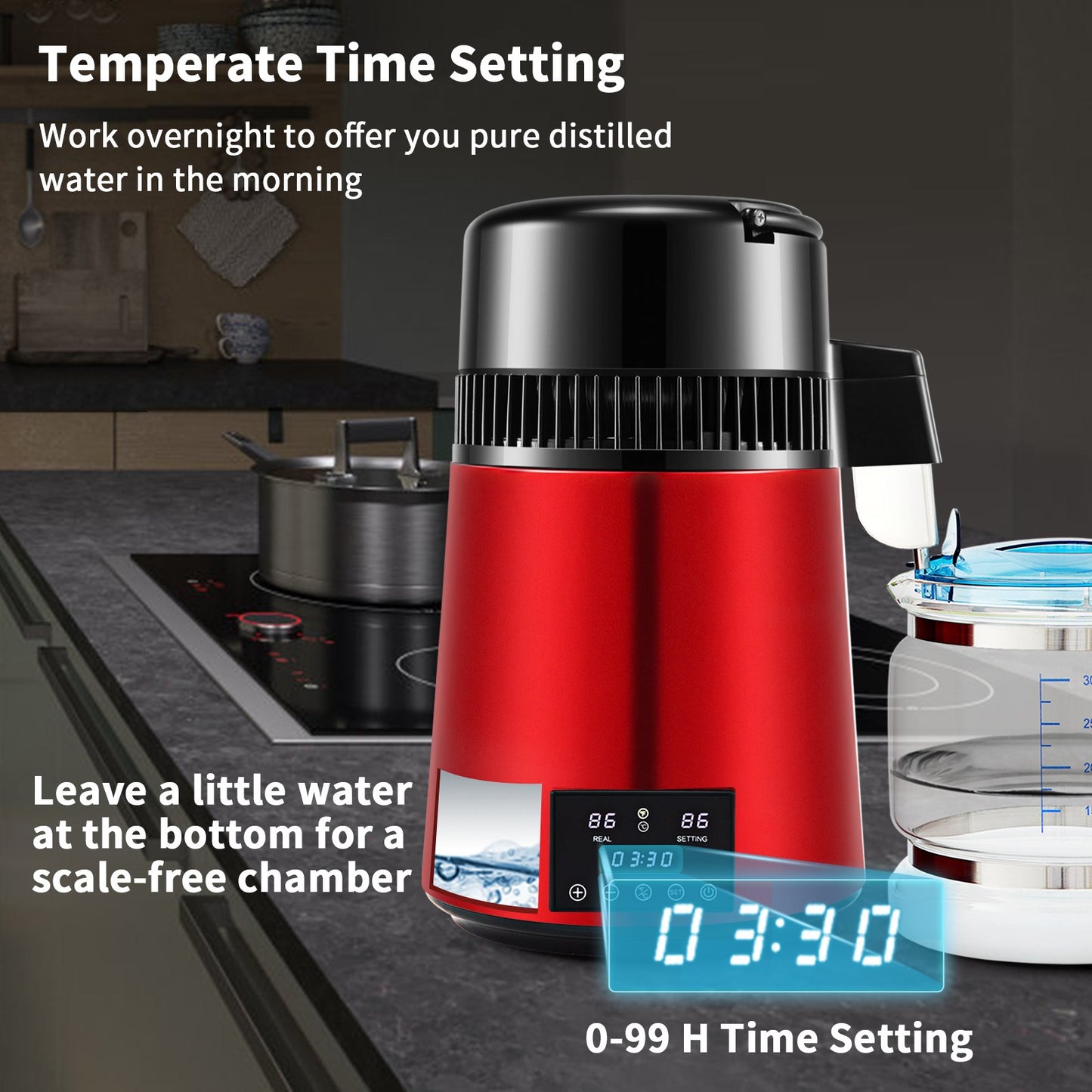 Water Distiller, 1 L/H, 4L Distilled Water Maker w/ 0-99 H Timing, 750W Countertop Water Purifier w/ Dual Temp Display, Glass Carafe Cleaning Powder 3 Carbon Packs Equipped, FDA Approved, Red