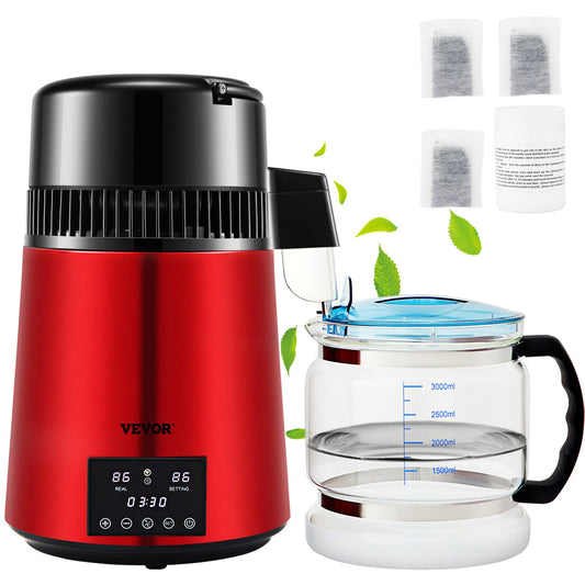 Water Distiller, 1 L/H, 4L Distilled Water Maker w/ 0-99 H Timing, 750W Countertop Water Purifier w/ Dual Temp Display, Glass Carafe Cleaning Powder 3 Carbon Packs Equipped, FDA Approved, Red