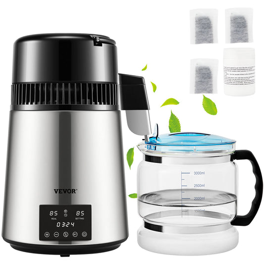Water Distiller, 1 L/H, 4L Distilled Water Maker w/ 0-99 H Timing, 750W Countertop Water Purifier w/ Dual Temp Display, Glass Carafe Cleaning Powder 3 Carbon Packs Equipped, FDA Approved, Silver
