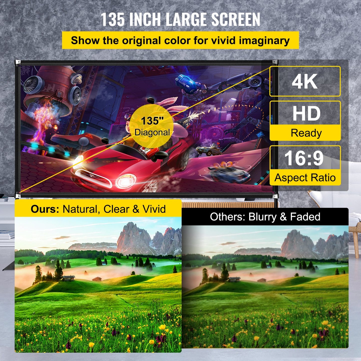 Outdoor Movie Screen, 135" Portable Movie Screen, 16:9 HD Wide Angle Outdoor Projector Screen, Easy Assembly Portable Projector Screen w/ Storage Bag & Stand, Projector Screen for Outdoor Use