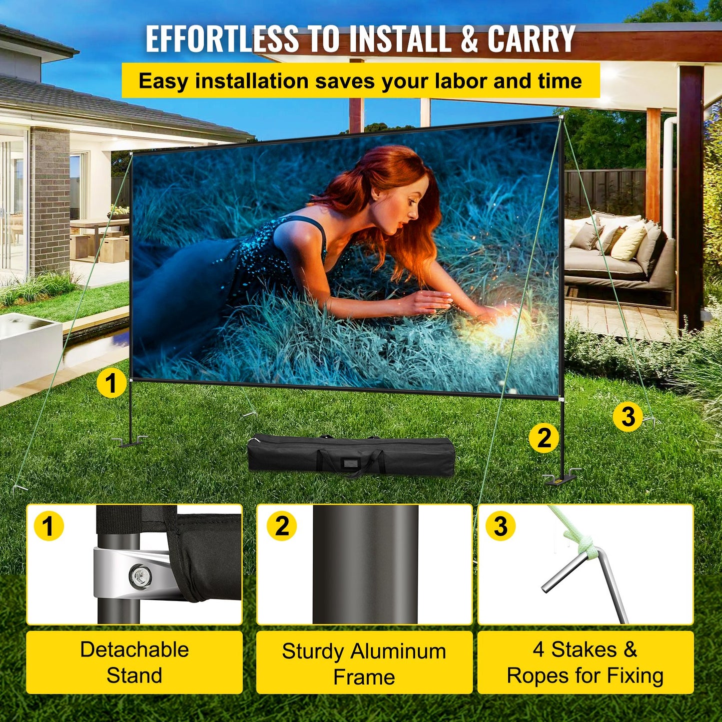 Outdoor Movie Screen, 135" Portable Movie Screen, 16:9 HD Wide Angle Outdoor Projector Screen, Easy Assembly Portable Projector Screen w/ Storage Bag & Stand, Projector Screen for Outdoor Use