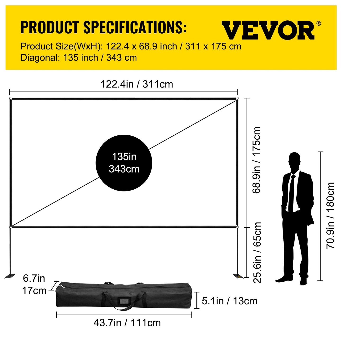 Outdoor Movie Screen, 135" Portable Movie Screen, 16:9 HD Wide Angle Outdoor Projector Screen, Easy Assembly Portable Projector Screen w/ Storage Bag & Stand, Projector Screen for Outdoor Use