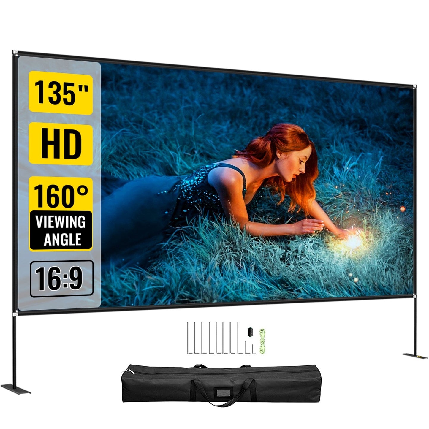 Outdoor Movie Screen, 135" Portable Movie Screen, 16:9 HD Wide Angle Outdoor Projector Screen, Easy Assembly Portable Projector Screen w/ Storage Bag & Stand, Projector Screen for Outdoor Use