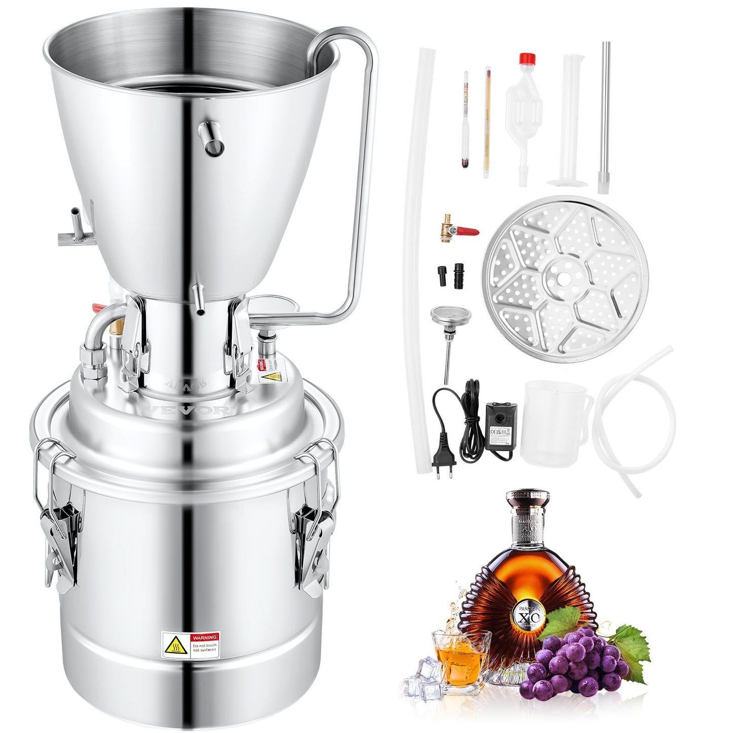 Water Alcohol Distiller, 8 Gal/30 L, 304 Stainless Steel Still with 6-Lap Coil, Home Distillery Kit with 5 Kg Output per Time, with Thermometer Vinometer Pump, for Whiskey Brandy Essential Oil
