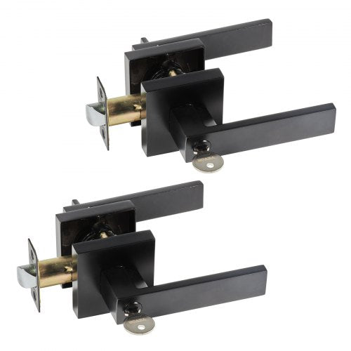 Entry Lever Door Handle, 2 PCS Black Entry Knob, Lock and Key Locking Lever Set, Contemporary Square Door Lever, Reversible for Right and Left Sided Doors, 45° Rotation to Open, for Front Door