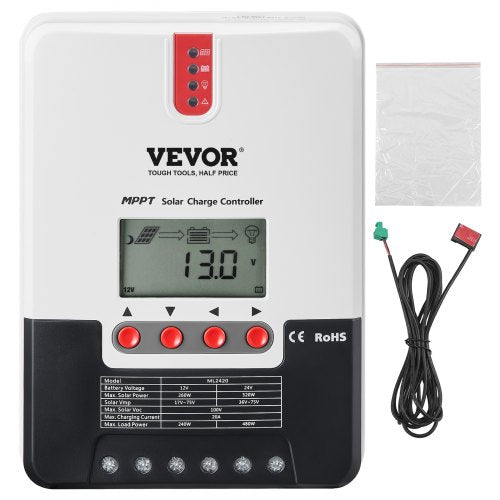 20A MPPT Solar Charge Controller, 12V / 24V Auto DC Input, Solar Panel Regulator Charger with LCD Display Temperature Sensor Cable, for Sealed(AGM), Gel, Flooded and Lithium Battery Charging