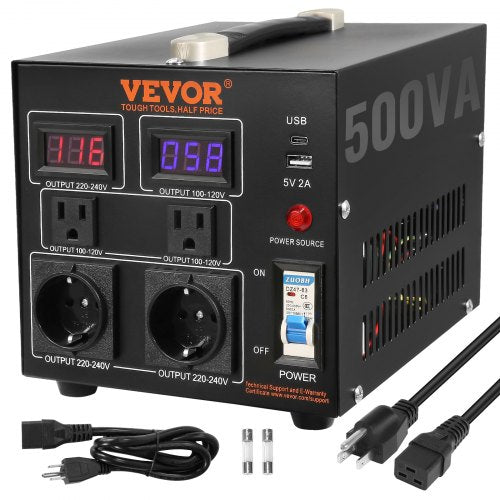 Voltage Converter Transformer, 500W, Heavy Duty Step Up/Down Transformer, Convert from 110 Volt to 220 Volt and  from 220 Volt to 110 Volt, with US Outlet EU Outlet 5V USB Port, CE Certified