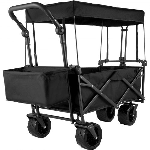 Collapsible Wagon Cart Black Foldable Wagon Cart Removable Canopy 600D Oxford Cloth Collapsible Wagon Oversized Wheels Portable Folding Wagon Adjustable Handles for Beach, Garden, Sports