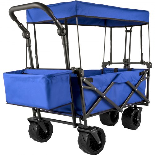 Collapsible Wagon Cart, Foldable Wagon Cart w/ Removable Canopy 600D Oxford Cloth, Collapsible Wagon Oversized Wheels Portable Folding Wagon Adjustable Handles, For Beach, Garden, Sports, Blue
