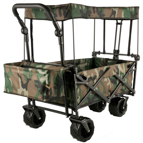 Collapsible Wagon Cart Camouflage, Foldable Wagon Cart Removable Canopy 600D Oxford Cloth, Collapsible Wagon Oversized Wheels, Portable Folding Wagon Adjustable Handles, Beach, Garden, Sports