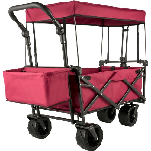 Collapsible Wagon Cart, Foldable Wagon Cart w/ Removable Canopy 600D Oxford Cloth, Collapsible Wagon Oversized Wheels Portable Folding Wagon Adjustable Handles, For Beach, Garden, Sports, Red