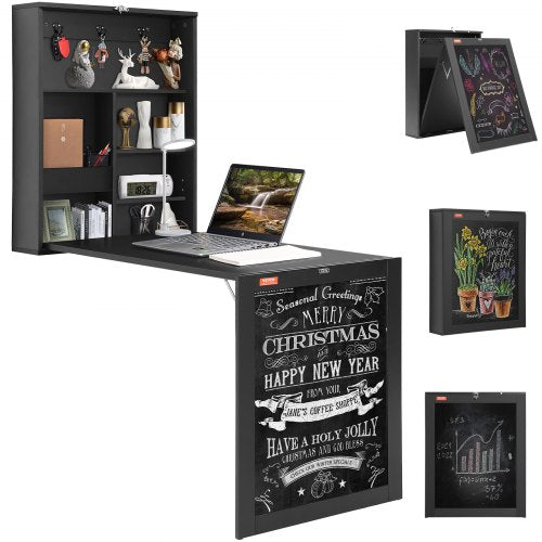 Wall Mounted Desk, Fold out Convertible Desk, Multi-Function Folding Wall Table with Chalkboard for Home Office, Space Saving Computer Desk with Storage Area
