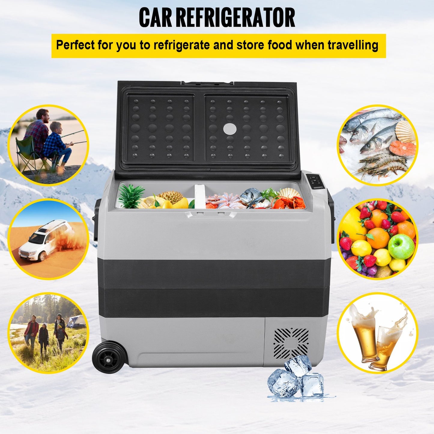 12 Volt Refrigerator, 63 Qt, Dual Zone Car Fridge Freezer w/ App Control & Wheels, 12/24V DC & 100-240V AC Electric Compressor Cooler for Car Truck Vehicle RV Boat Outdoor & Home Use
