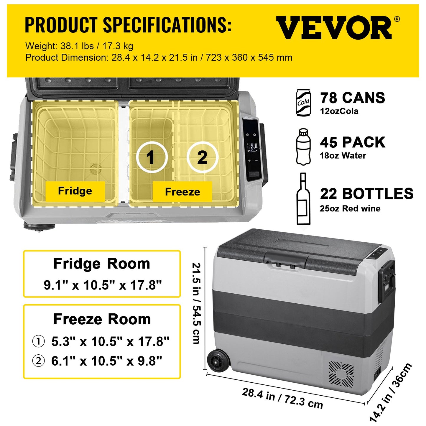 12 Volt Refrigerator, 63 Qt, Dual Zone Car Fridge Freezer w/ App Control & Wheels, 12/24V DC & 100-240V AC Electric Compressor Cooler for Car Truck Vehicle RV Boat Outdoor & Home Use