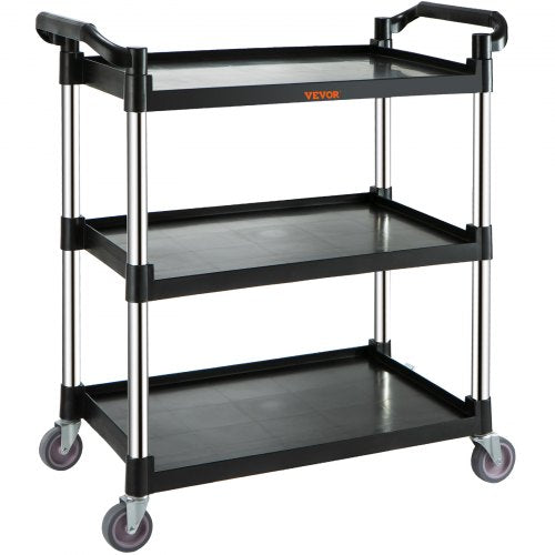 Utility Service Cart, 3 Shelf Heavy Duty 154LBS Food Service Cart, Rolling Utility Cart with Lockable Wheels, 32.7" x 15.7" x 37.4" Plastic Utility Cart for Kitchen Office Restaurant Home, Black