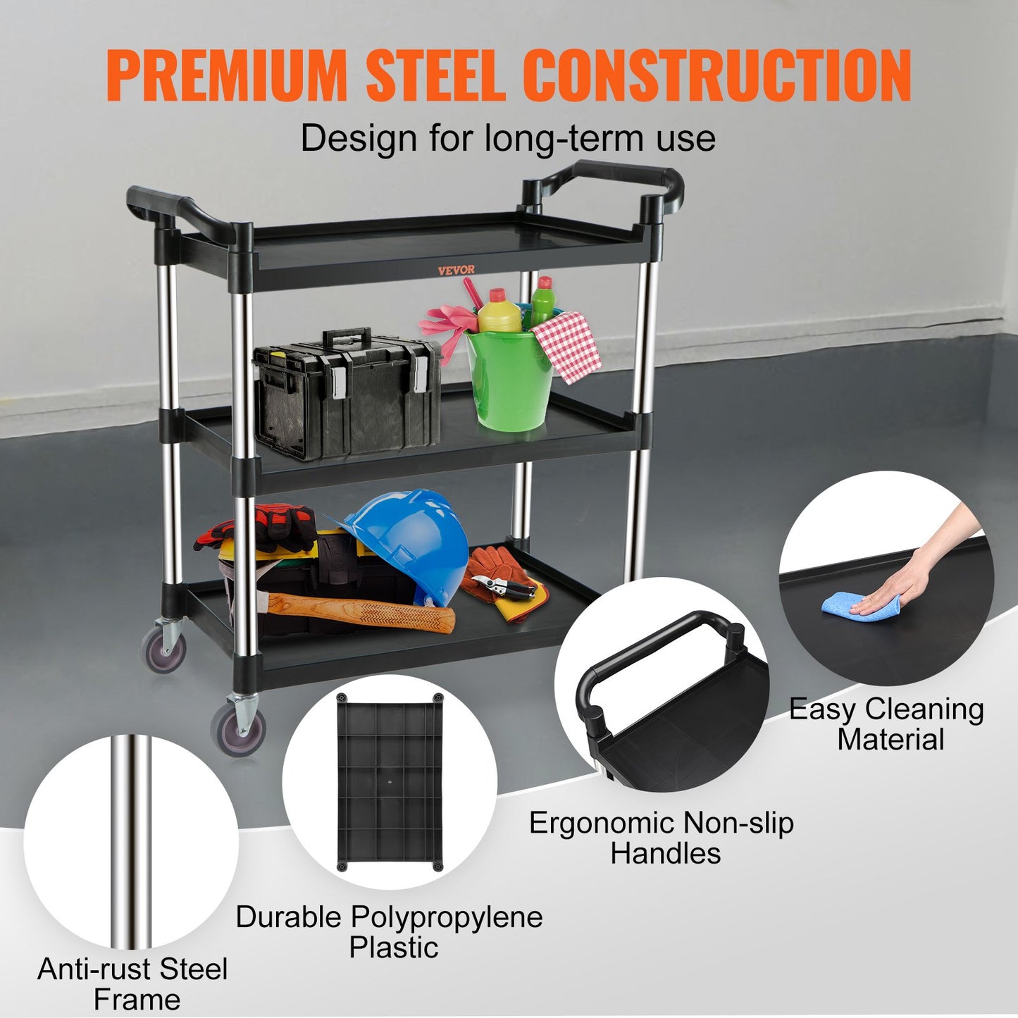 Utility Service Cart, 3 Shelf Heavy Duty 154LBS Food Service Cart, Rolling Utility Cart with Lockable Wheels, 32.7" x 15.7" x 37.4" Plastic Utility Cart for Kitchen Office Restaurant Home, Black