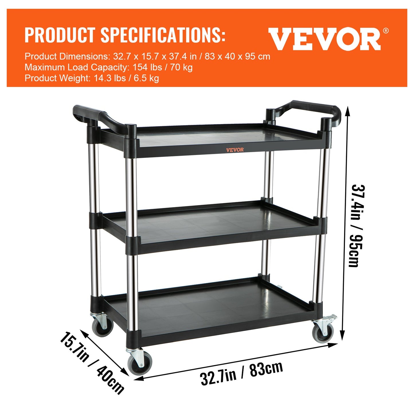 Utility Service Cart, 3 Shelf Heavy Duty 154LBS Food Service Cart, Rolling Utility Cart with Lockable Wheels, 32.7" x 15.7" x 37.4" Plastic Utility Cart for Kitchen Office Restaurant Home, Black