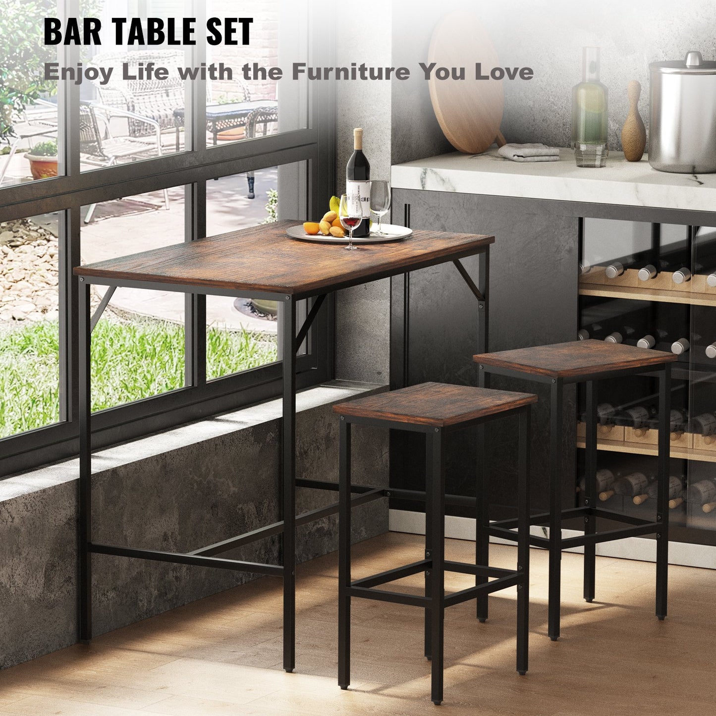 Bar Table Set 3-Piece 47" tall table w/ 2 Square Stools Dining table Brown