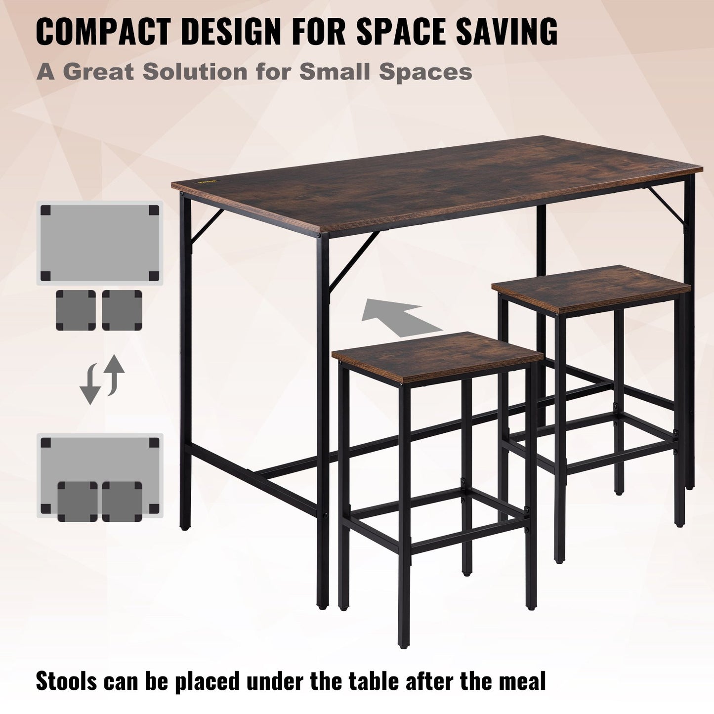 Bar Table Set 3-Piece 47" tall table w/ 2 Square Stools Dining table Brown