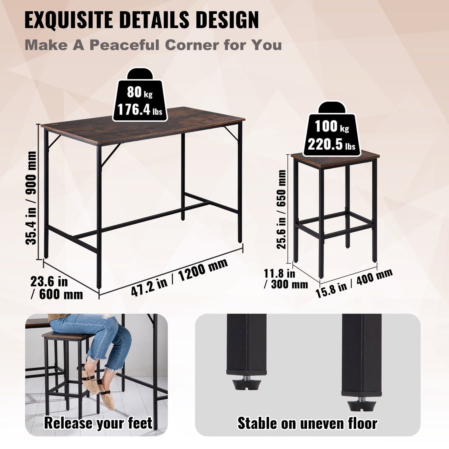 Bar Table Set 3-Piece 47" tall table w/ 2 Square Stools Dining table Brown