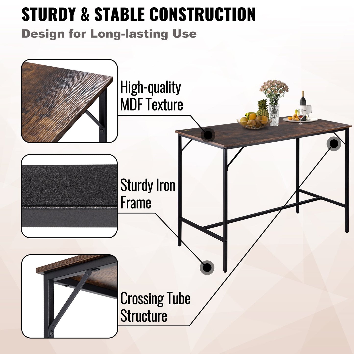 Bar Table Set 3-Piece 47" tall table w/ 2 Square Stools Dining table Brown