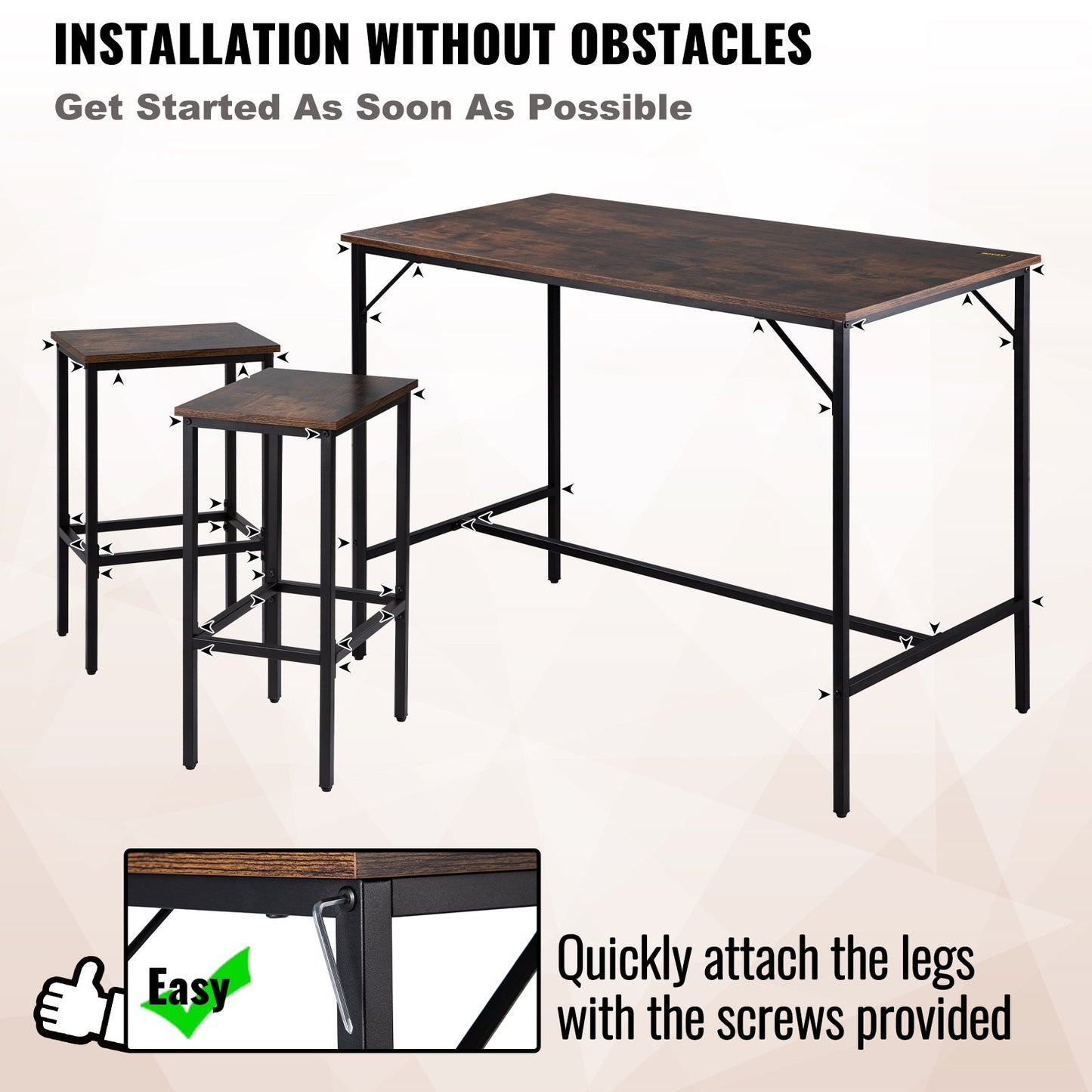 Bar Table Set 3-Piece 47" tall table w/ 2 Square Stools Dining table Brown