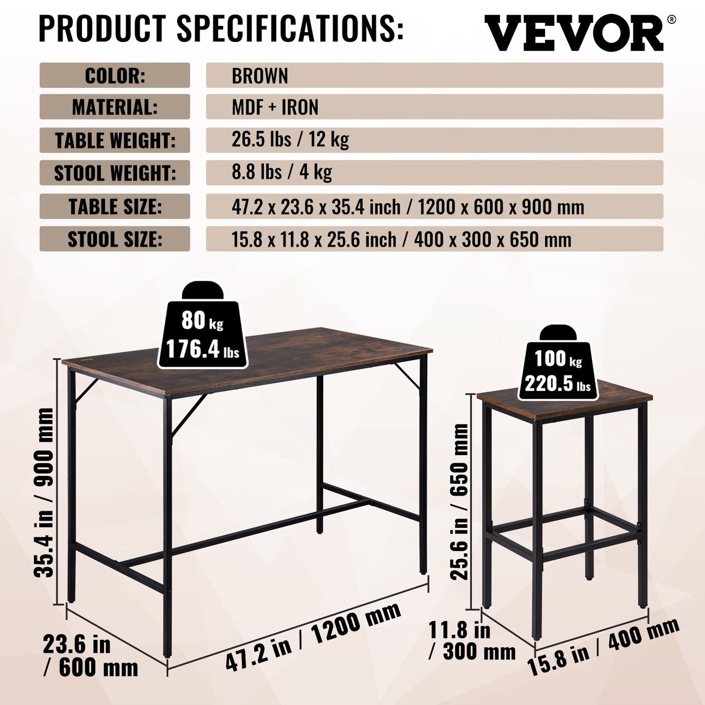 Bar Table Set 3-Piece 47" tall table w/ 2 Square Stools Dining table Brown