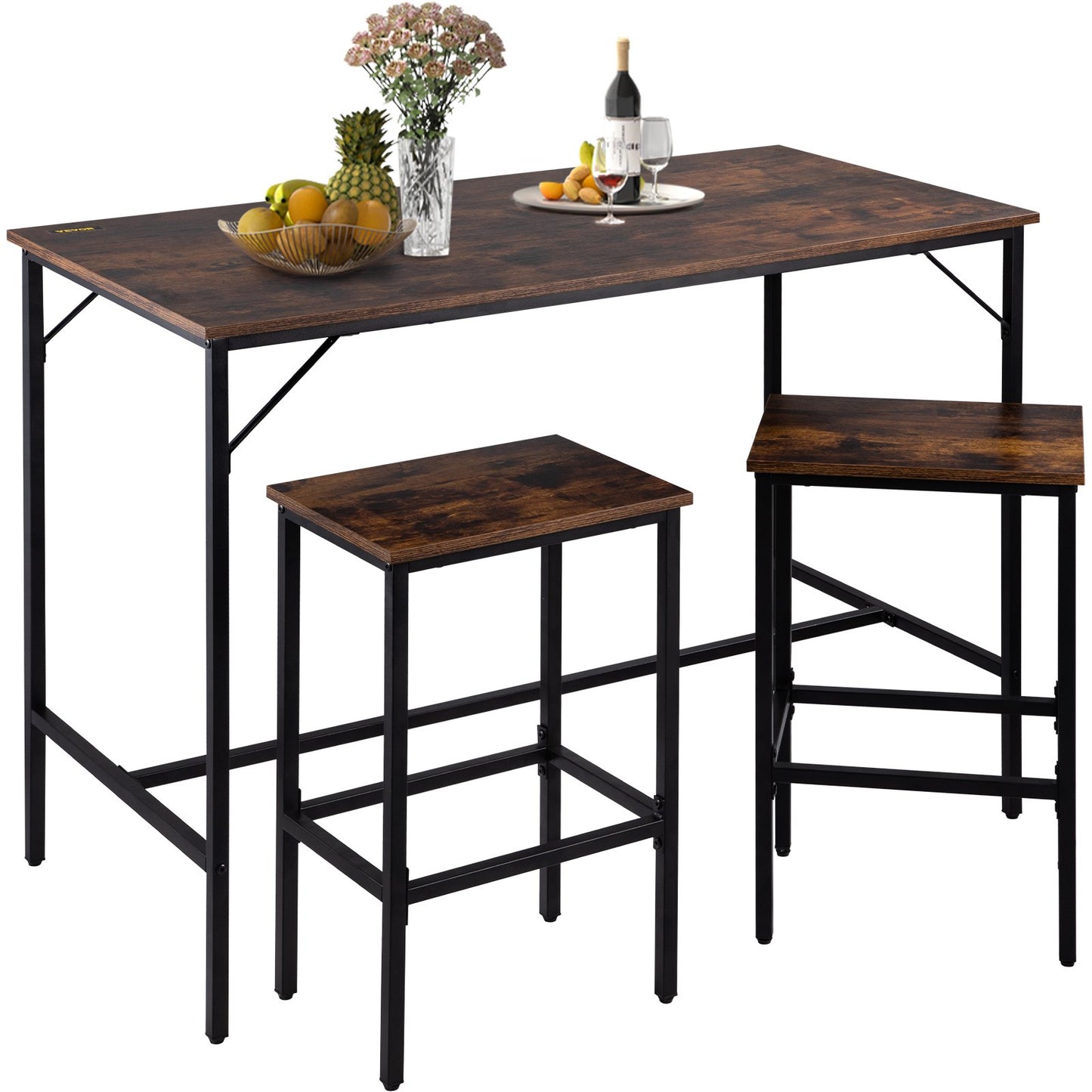 Bar Table Set 3-Piece 47" tall table w/ 2 Square Stools Dining table Brown