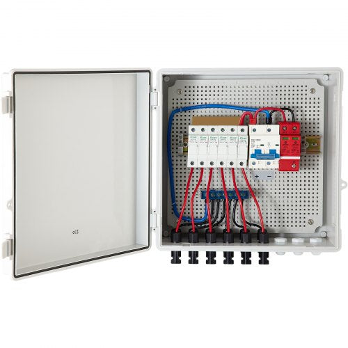 PV Combiner Box, 6 String, Solar Combiner Box with 15A Rated Current Fuse, 125A Circuit Breaker, Lightning Arreste and Solar Connector, for On / Off Grid Solar Panel System, IP65 Waterproof