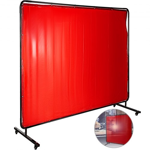 8' x 6' Welding Screen with Frame Red Vinyl Portable Welding Curtain with Wheels Welding Protection Screen