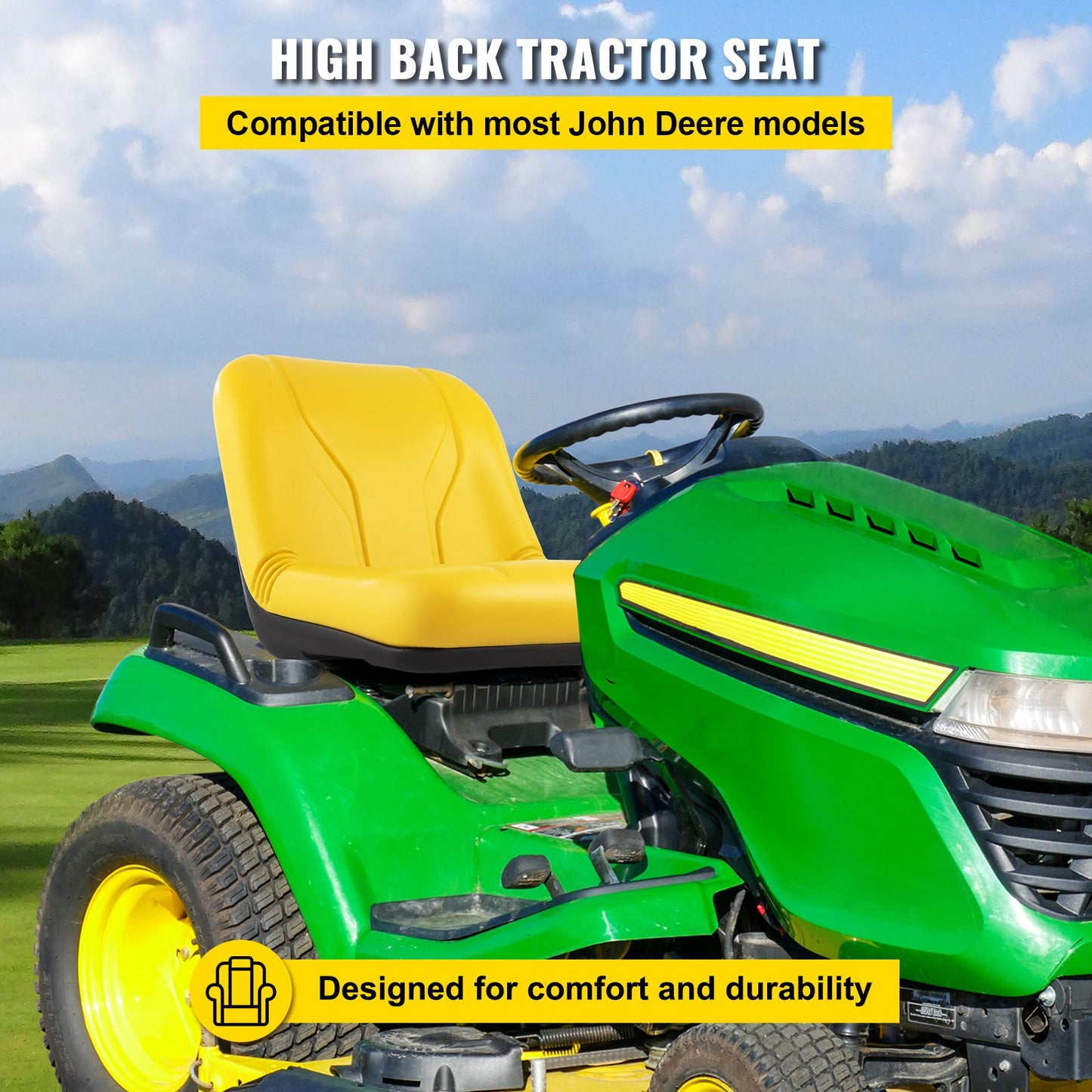 Universal Tractor Seat, Industrial High Back, PVC Lawn and Garden Mower Seat Replacement, Drain Hole Steel Frame Compact Forklift Seat, Compatible with Excavator, Mower, Forklift, Yellow