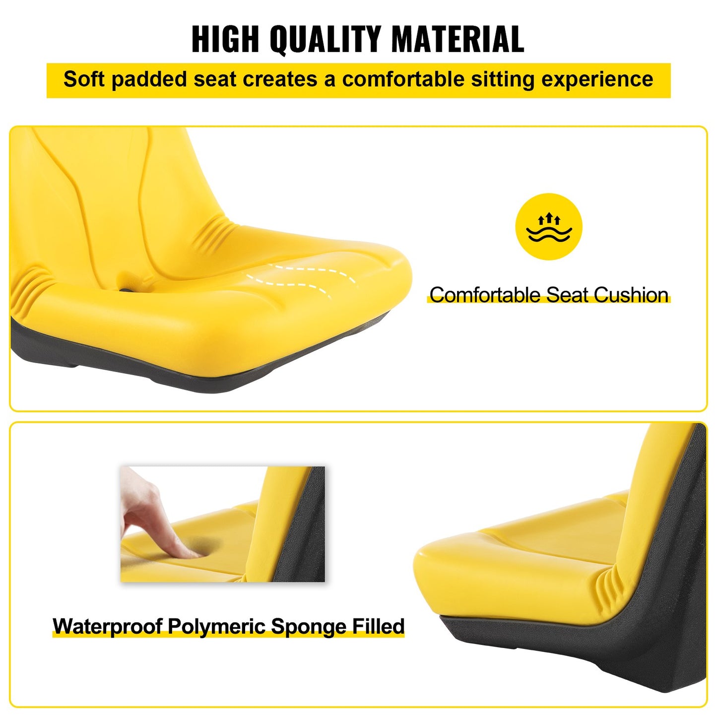 Universal Tractor Seat, Industrial High Back, PVC Lawn and Garden Mower Seat Replacement, Drain Hole Steel Frame Compact Forklift Seat, Compatible with Excavator, Mower, Forklift, Yellow