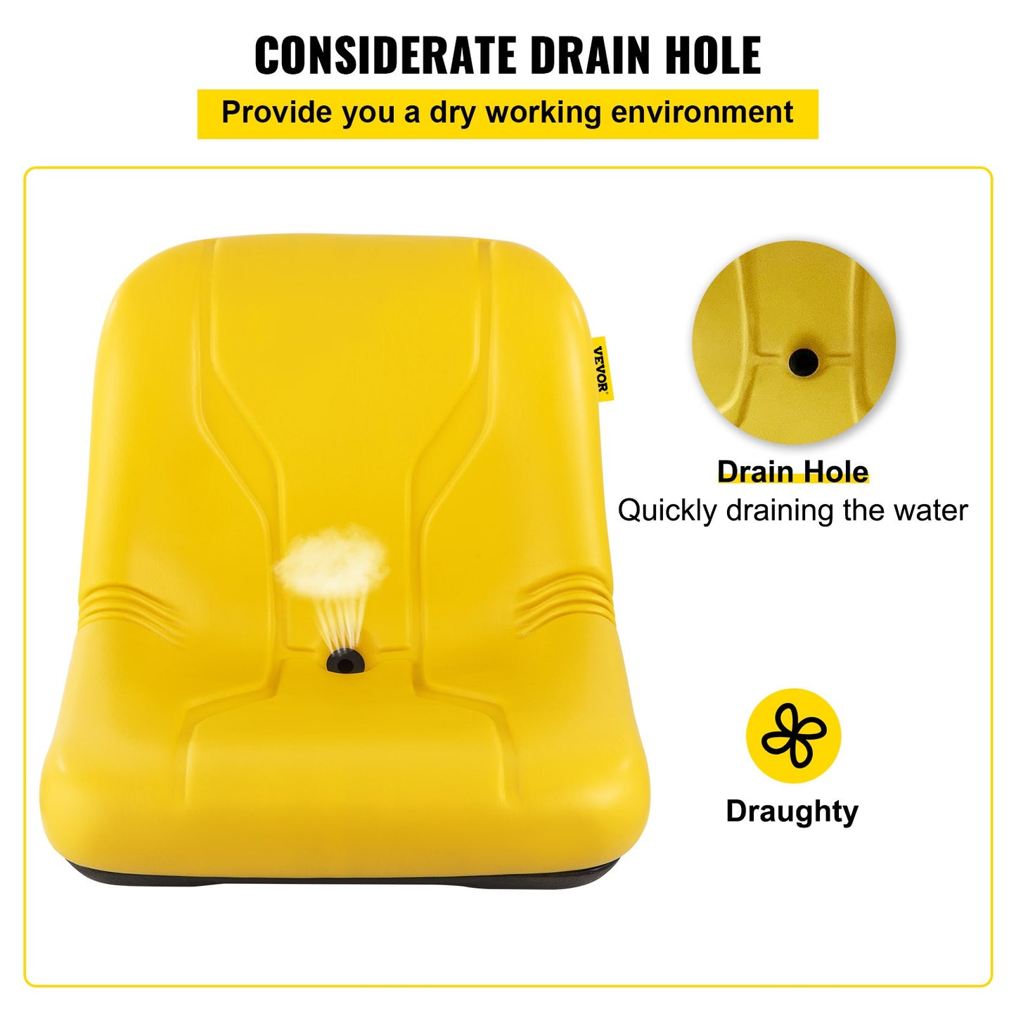 Universal Tractor Seat, Industrial High Back, PVC Lawn and Garden Mower Seat Replacement, Drain Hole Steel Frame Compact Forklift Seat, Compatible with Excavator, Mower, Forklift, Yellow