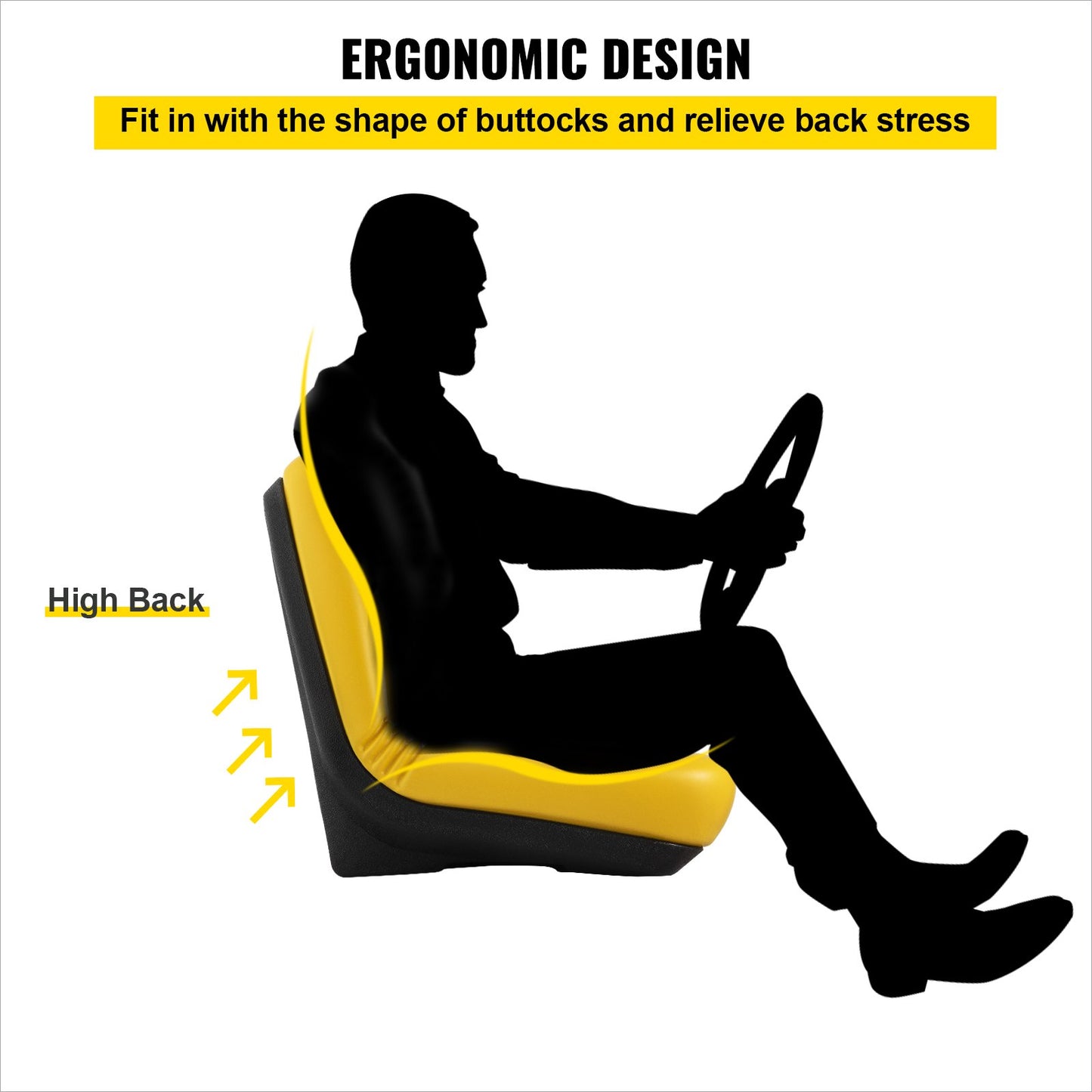 Universal Tractor Seat, Industrial High Back, PVC Lawn and Garden Mower Seat Replacement, Drain Hole Steel Frame Compact Forklift Seat, Compatible with Excavator, Mower, Forklift, Yellow