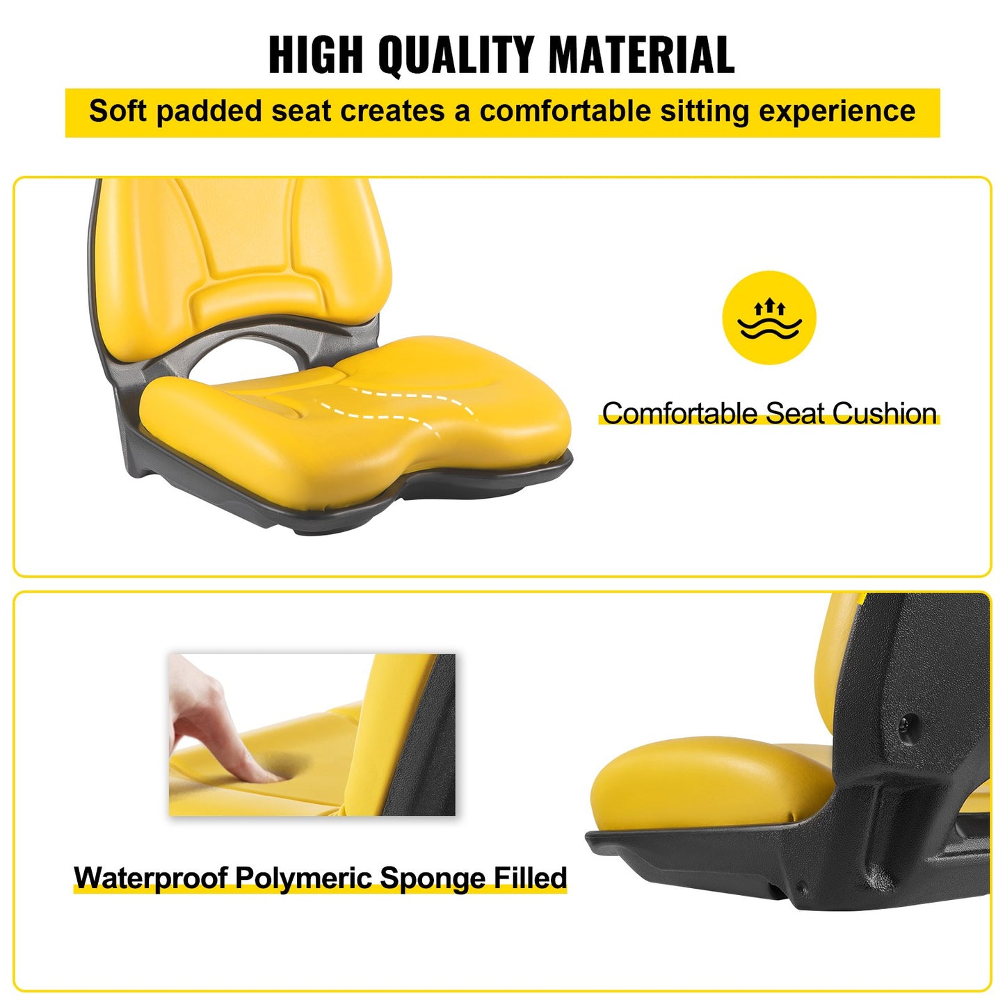 Universal Tractor Seat, Industrial High Back, Waterproof PVC Lawn and Garden Mower Seat Replacement, Steel Frame Forklift Seat with Drain Hole, Compatible with Excavator, Mower, Forklift, Yellow